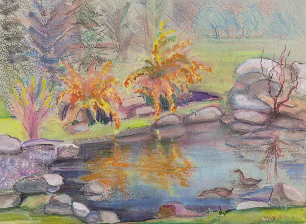 Sonbaharda Ördekleri Olan Küçük Bir Gölet Pastel Boya — Stok fotoğraf