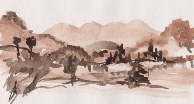 Dağ sırası manzarası sumi-e tarzında çiziliyor.
