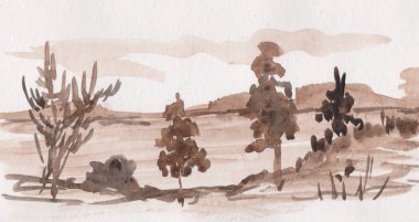 Yaz manzarası, büyük göl kıyısı, sumi-e