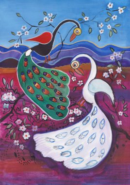 Tinga-tinga çizim iki tavus kuşu ile, biri beyaz