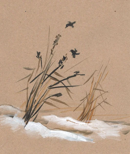 Herbe Sèche Dans Dérive Des Neiges Les Petits Oiseaux Sumi — Photo