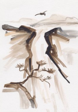 Dağlarda şelale, mürekkep boyası