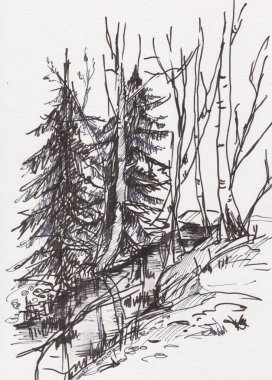 Nisan 'da dere kenarındaki yaylar, siyah beyaz çizimler