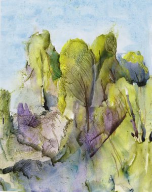 Suluboya resim, mayıs ayında orman, genç yeşil yapraklar.