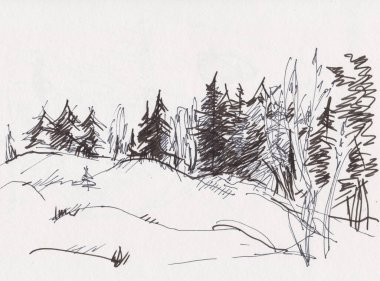 Anında çizim, tepelerde kozalaklı ahşap, siyah beyaz resim.