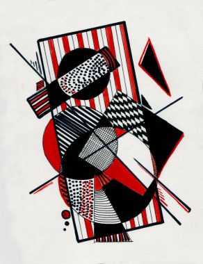 Geometrik üç renkli resim: kırmızı, siyah ve beyaz