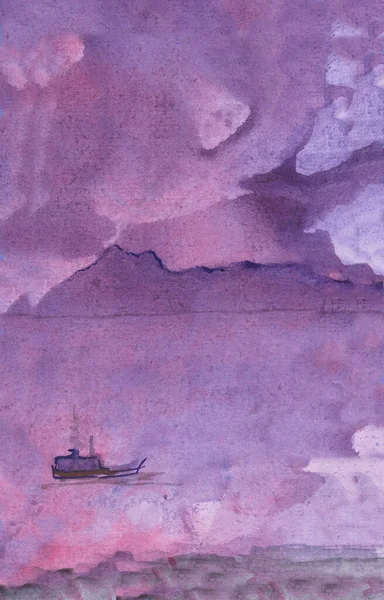 Захід Сонця Морі Акварельний Малюнок Wth Boat Монотипія — стокове фото