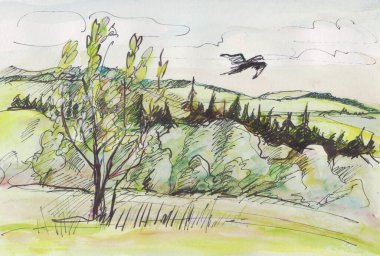 Anında eskiz, suluboya resim, alçak tepelerde karıştırılmış ahşap.