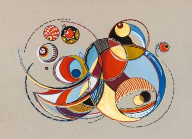 Geometrik soyut resim kırmızı, altın ve sarı renklerde