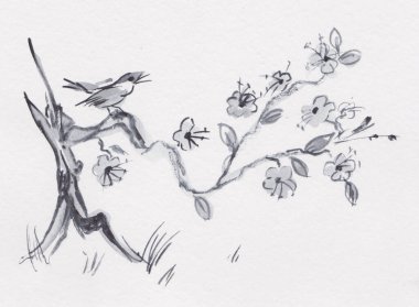 Çiçek açan ağaç dalında oturan kuş. 6 sumi-e