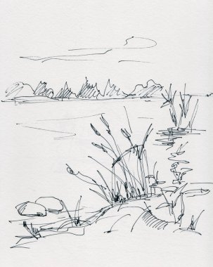 Siyah beyaz çizim, nehirde baston