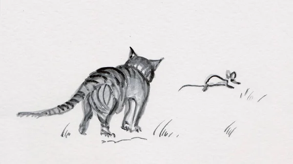 野生動物猫狩りネズミ墨絵 — ストック写真