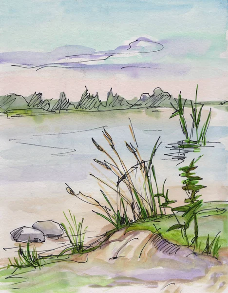 Akvarel Obrázek Pohled Řeku Volhu — Stock fotografie