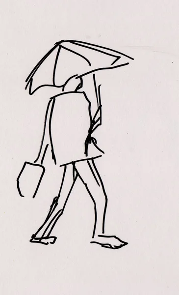 Мгновенный Скетч Человек Зонтиком Идущий Улице — стоковое фото