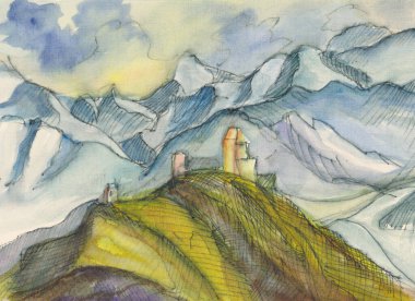 Antik manastır ile yüksek karlı dağlara bak