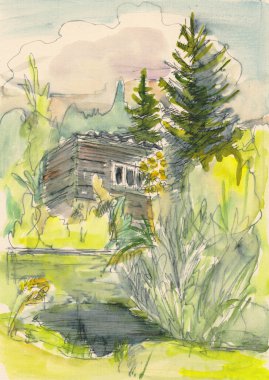 Suluboya eskiz, süsler ve göl kıyısındaki ev.
