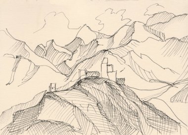 Dağların manzara aralığı, siyah ve beyaz resim