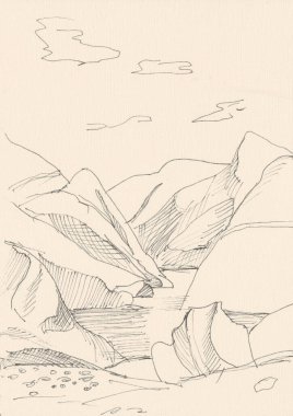 Nehirli dağların manzarası, siyah ve beyaz