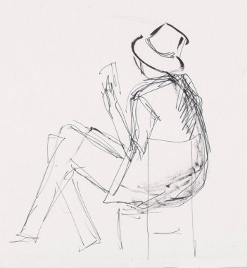 Anında eskiz, sandalyede oturan kadın, siyah beyaz.