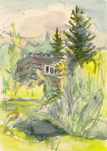 池塘岸边的水彩画 云杉和房子 — 图库照片