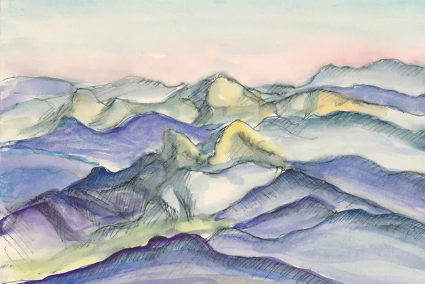 Panorama Altas Montañas Nevadas Pintura Acuarela —  Fotos de Stock