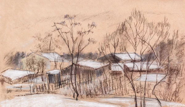 Снег в деревне — стоковое фото