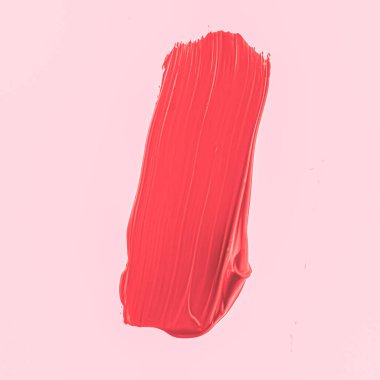 Kırmızı fırça darbesi ya da makyaj lekesi yakın çekim, güzellik kozmetiği ve ruj dokusu
