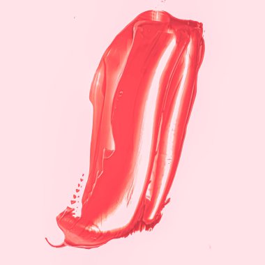 Kırmızı fırça darbesi ya da makyaj lekesi yakın çekim, güzellik kozmetiği ve ruj dokusu