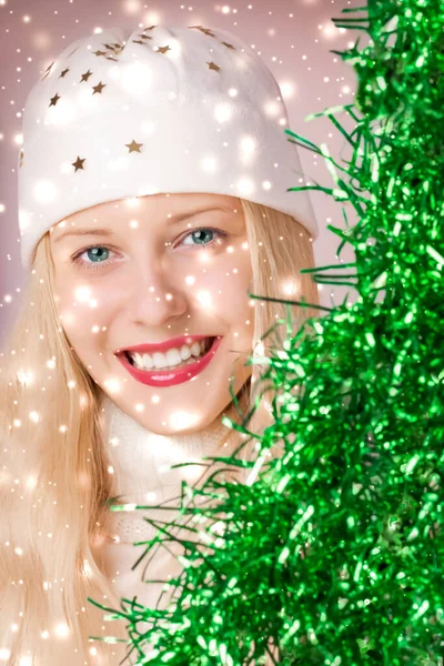 Magical Christmas and glitter snow background, blonde woman with positive emotion in winter season for shopping sale and holiday brand — Stock Photo, Image