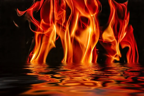 Hot fire flames in water as nature element and abstract background — Stock Photo, Image