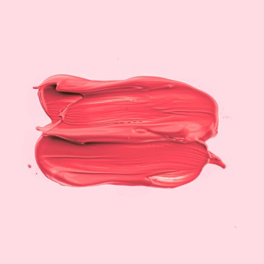 Kırmızı fırça darbesi ya da makyaj lekesi yakın çekim, güzellik kozmetiği ve ruj dokusu