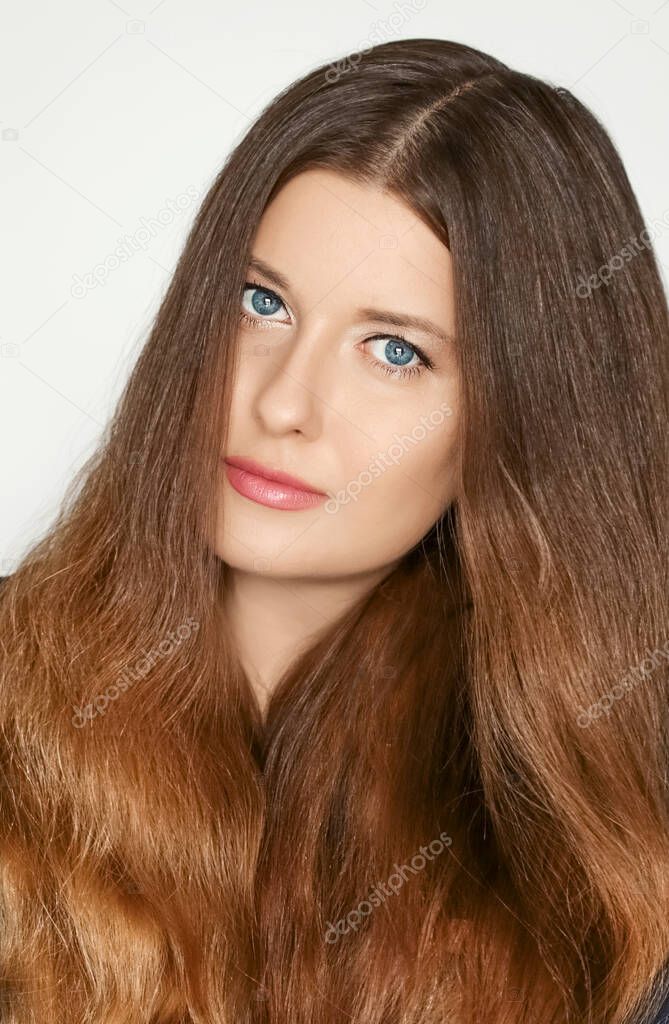 Haircare and beauty portrait, beautiful model woman with long brown healthy hair, natural hairstyle