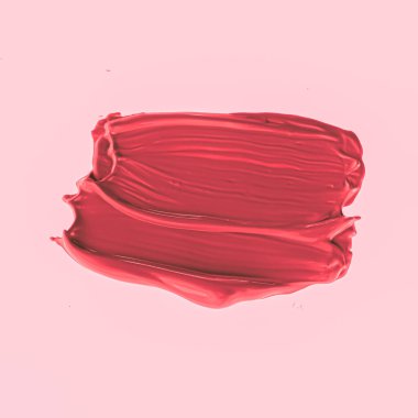 Kırmızı fırça darbesi ya da makyaj lekesi yakın çekim, güzellik kozmetiği ve ruj dokusu