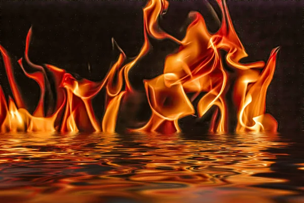 自然の要素と抽象的な背景としての水の中の熱い炎 — ストック写真