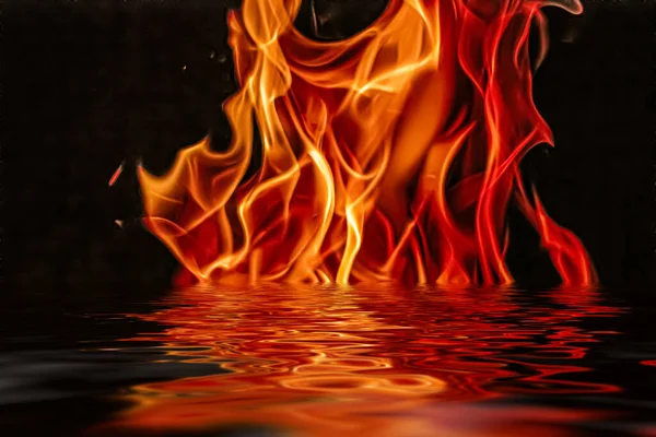 Hot fire flames in water as nature element and abstract background — Stock Photo, Image