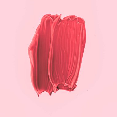 Kırmızı fırça darbesi ya da makyaj lekesi yakın çekim, güzellik kozmetiği ve ruj dokusu