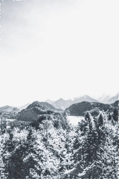 Christmas card with snowy mountains landscape in winter, monochrome photograph for art prints and printable design — Stock Photo, Image