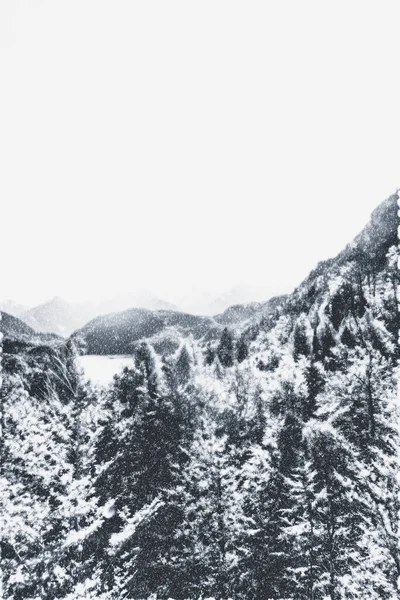 Kerstkaart met besneeuwd berglandschap in de winter, monochrome foto voor kunstafdrukken en printbaar design — Stockfoto