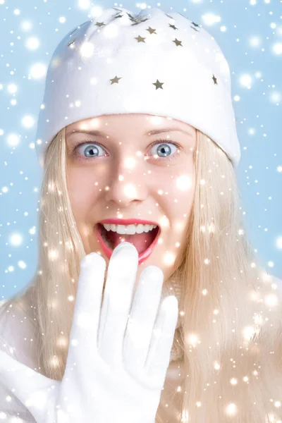 Merry Christmas and glitter snow background, blonde woman with positive emotion in winter season for shopping sale and holiday brand — Stock Photo, Image