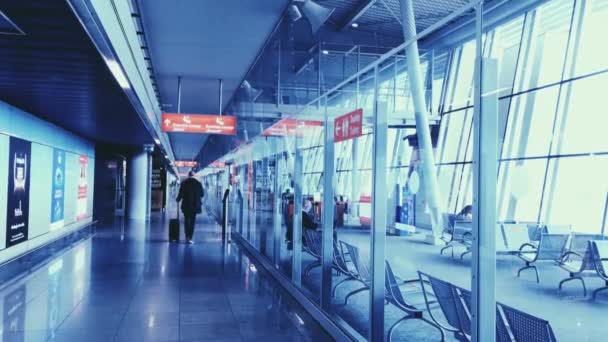 Intérieur vide de l'aéroport pendant la pandémie de coronavirus, passagers portant des masques faciaux, santé et voyages — Video