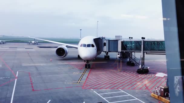 LOT Polish Airlines vista aereo dalla finestra dell'aeroporto durante la pandemia coronavirus, trasporto e viaggi — Video Stock