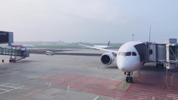 LOT Polish Airlines repülőgép kilátás a repülőtér ablakából során a koronavírus világjárvány, szállítás és utazás — Stock videók