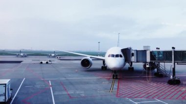 LOT Polonya Havayolları Coronavirus salgını sırasında havaalanı penceresinden uçak görüntüsü, ulaşım ve seyahat