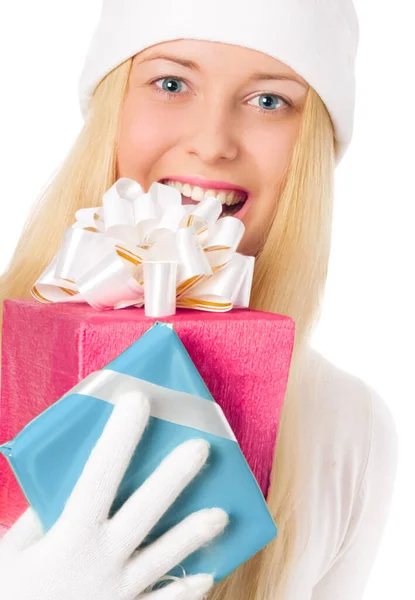 Happy woman holding Christmas gifts, white background with copyspace, shopping and holiday — Stock Photo, Image