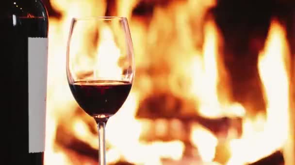 Red Wine Next Fireplace Cozy Relaxing Atmosphere Countryside Home Romantic — Stock Video