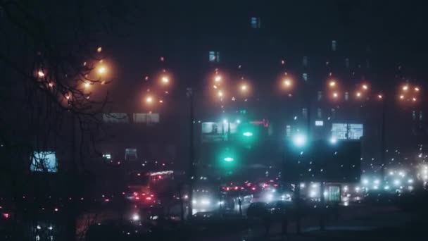 Ночной Вид Город Движением Туманной Зиме Деревьями Автомобильными Огнями Темноте — стоковое видео
