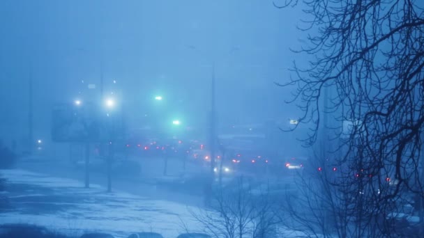 Moody City Street View Traffic Niebla Día Invierno Árboles Luces — Vídeo de stock