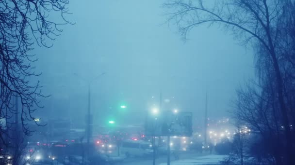 Moody Stad Straatbeeld Met Verkeer Mistige Winterdag Bomen Auto Lichten — Stockvideo