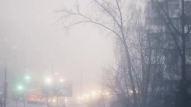 Kasvetli şehir sokak manzarası sisli kış gününde trafik, karanlık, sinematik film efekti ve iş arka planı, ulaşım ve şehir hayatı sahnesinde ağaçlar ve araba ışıkları