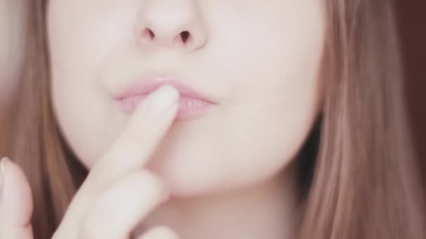 Natürliche Gesichtspflege Junge Frau Trägt Feuchtigkeitsspendenden Lippenbalsam Auf Die Lippen — Stockvideo